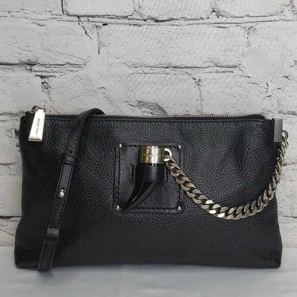 MICHAEL KORS 'JAMES' LEATHER CLUTCH/CROSSBODY CUBAN-LINK CHAIN ONYX HORN-N-LOOP - Picture 1 of 16